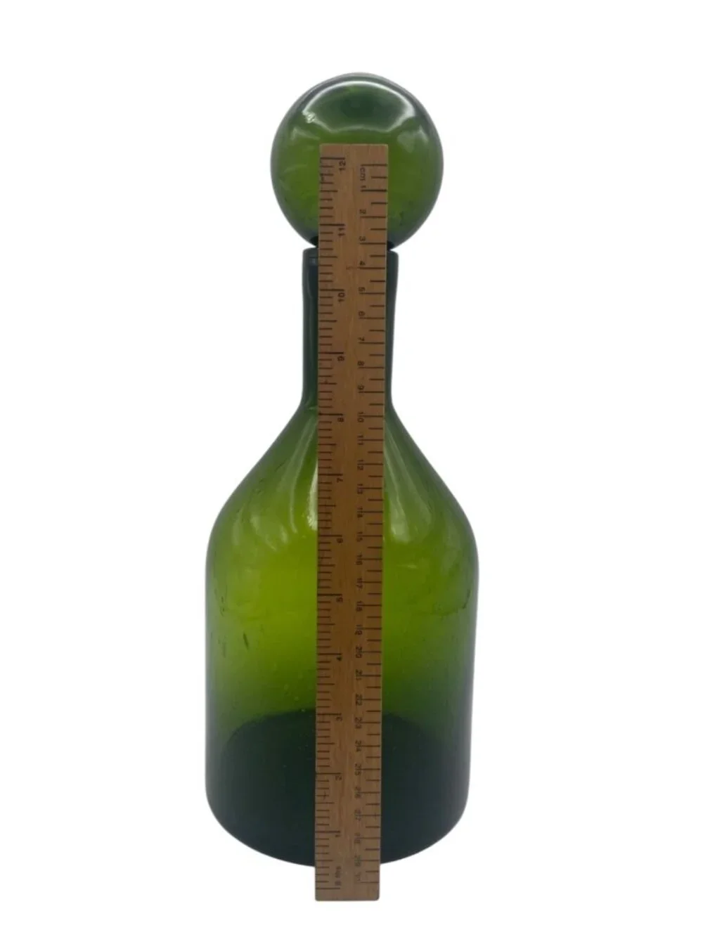 Vintage MCM Large Bottle Green Glass Bubble Decanter 11” w/ Ball Stopper Italy